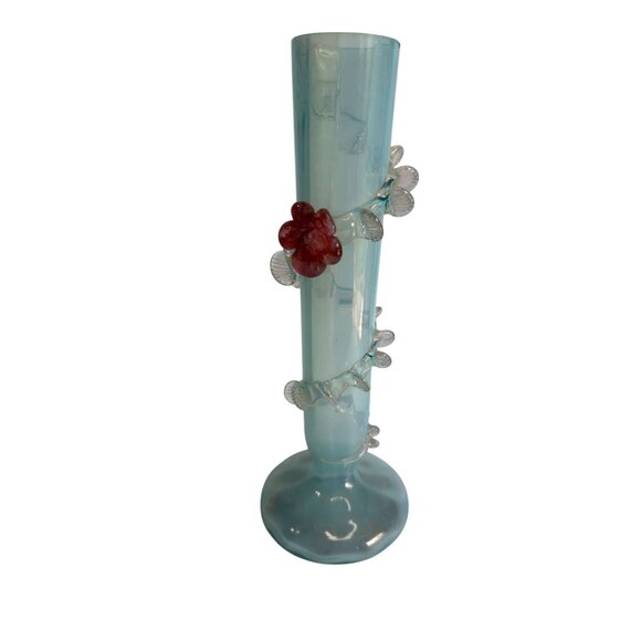 Tall Blue Art Glass Vase With Rose Embossed Design - Picture 2 of 5